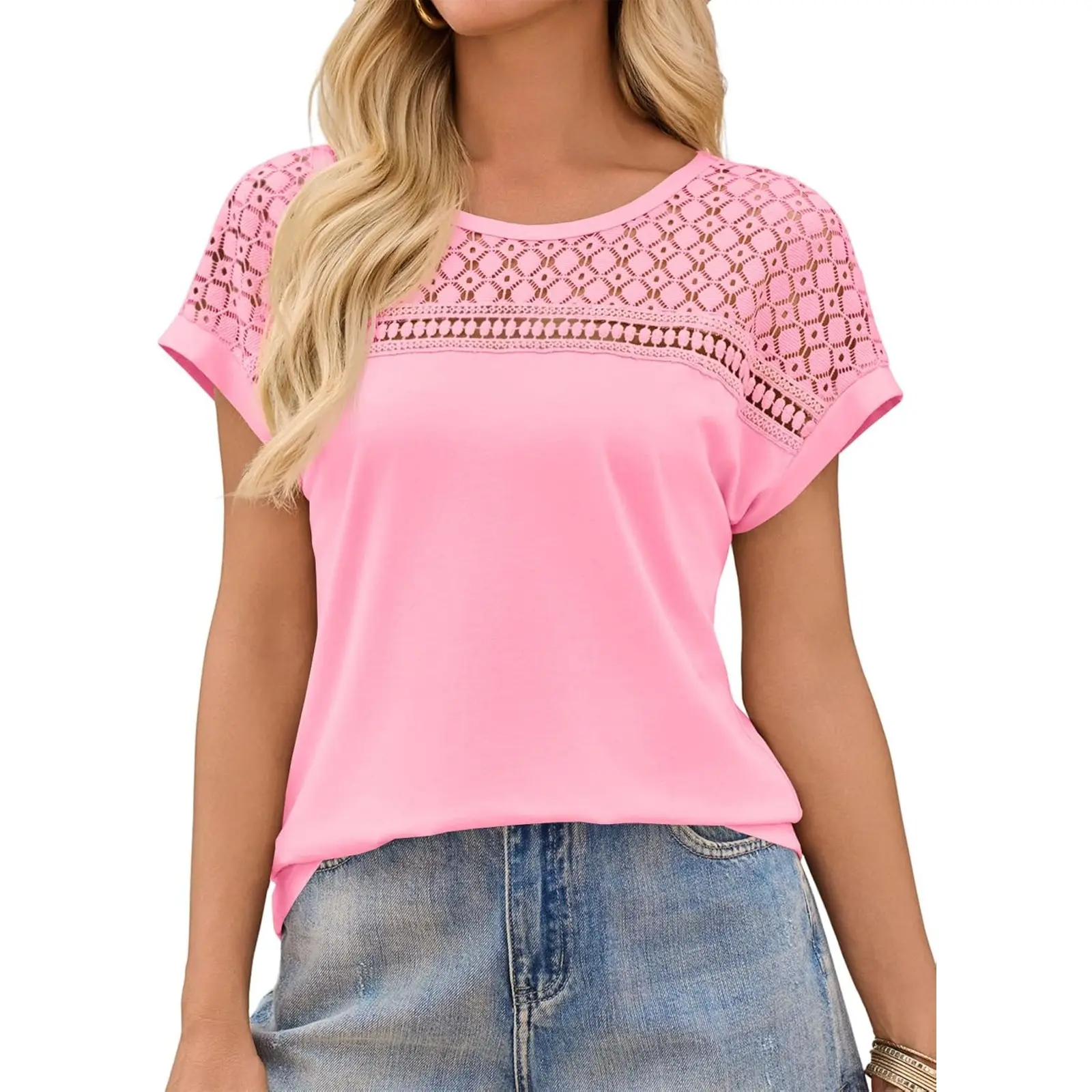 Aoysky Women's Summer Shortsleeve Blouses - Crewneck, Hollow-Out Lace, Dressy Casual, Loose-Fit Trendy Tops