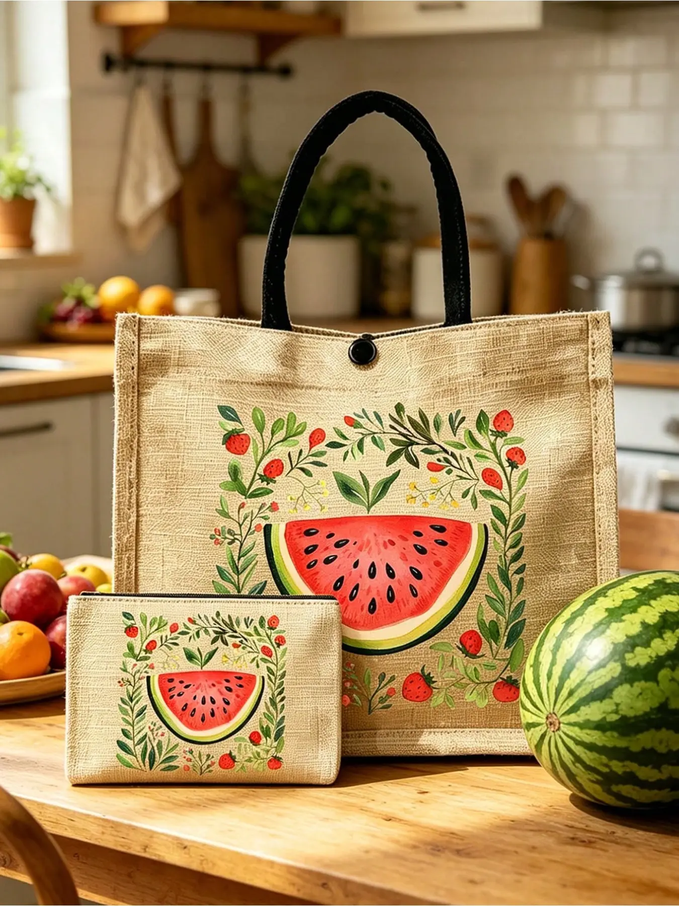 Watermelon Strawberry Floral Linen Tote Bag Set, Reusable Multi-Functional Shopping Bags, Ideal for Daily Use, Beach, Travel, Gifts