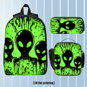 Green Alien, 3pcs Backpack, Lunch Bag Pencil Case, 17-Inch Computer Backpack, Lightweight Hiking Backpack for Shopping, Fitness, Yoga, Hiking, Beach, Work