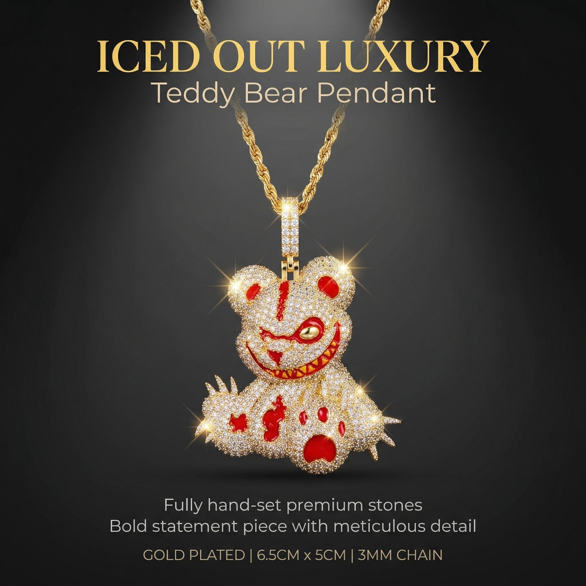 Iced Out Evil Teddy Bear Pendant Necklace, Savage Bloody Bear Mascot CZ Hip Hop Jewelry, Edgy Y2K Street Luxury Drip with Rope Chain