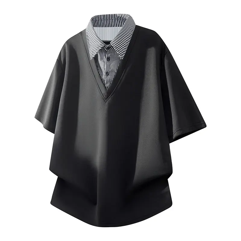 Men’s summer fake two-piece short-sleeve Polo shirt adopts V-layered design spliced with thin striped lapel shirt collar. Made of soft and skin-friendly cotton fabric, it fits daily wear. # Summervibes