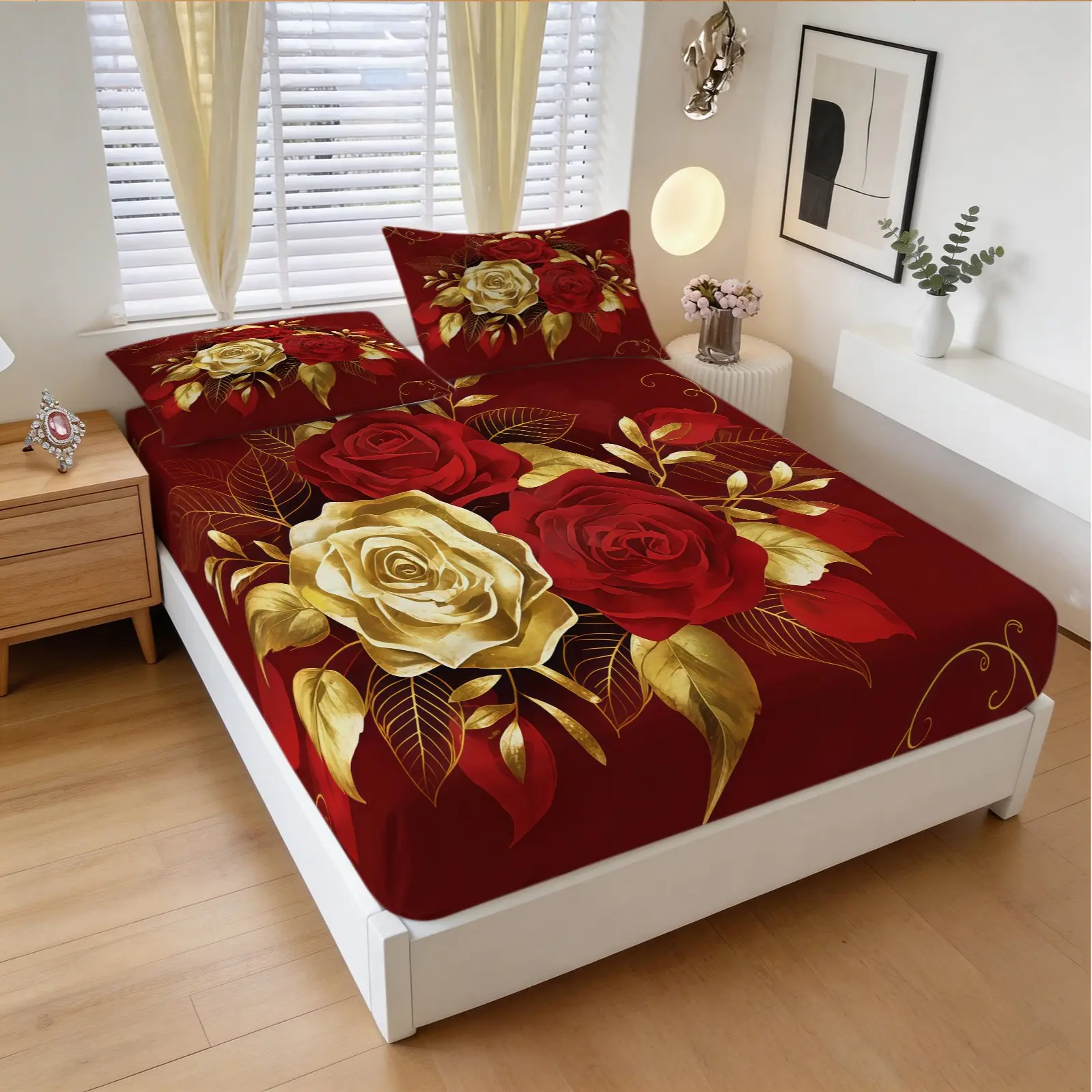 Luxurious Red Gold Rose Patterned Bed Sheet, Soft And Comfortable Bedding Set, Including 1 Bed Sheet And 2 Pillowcases (Excluding Pillow Core), With a Retro Romantic Floral Atmosphere, Decorated Bedding For The Master Bedroom Of The Wedding Room Bedsheet