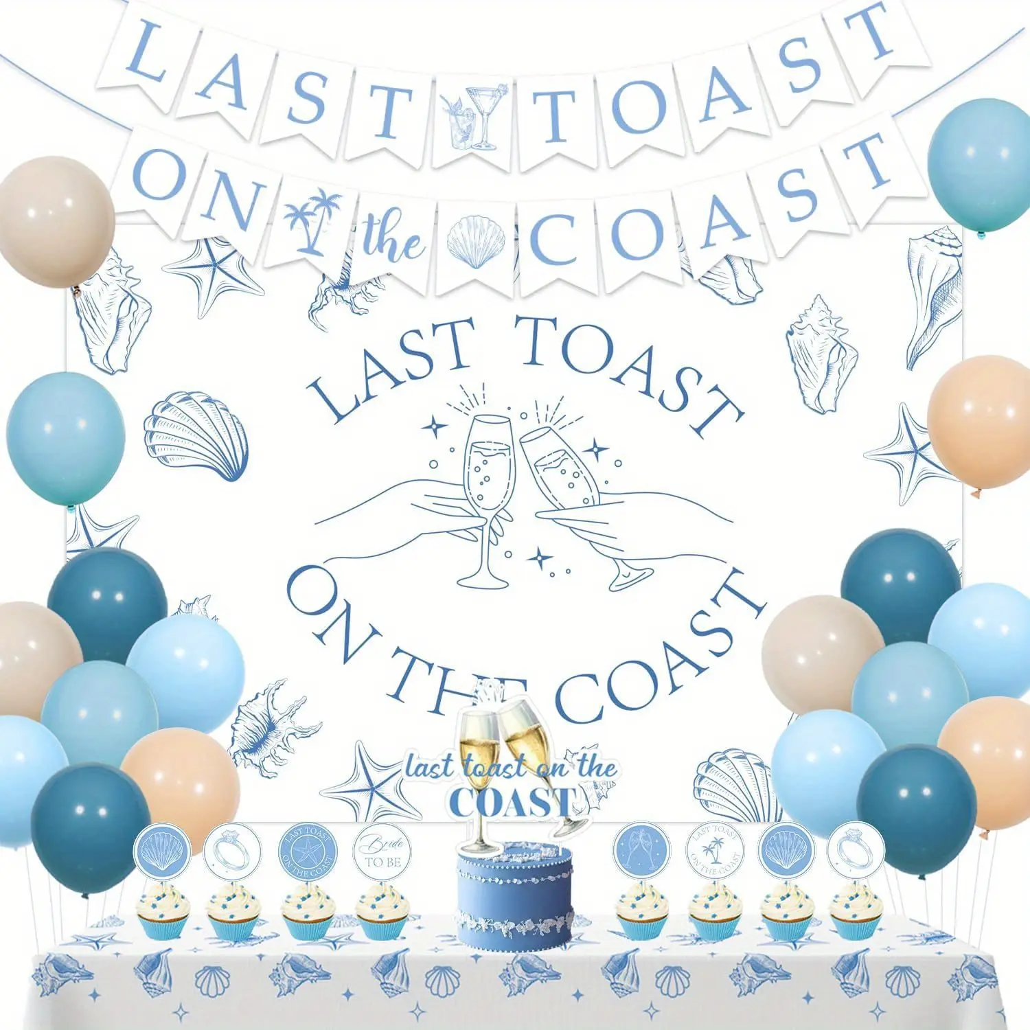 1Set Last Toast on the Coast Bachelorette Party Decoration Coastal Banner Balloons Cupcake Toppers Beach Bridal Shower Party Supplies for Women Bachelorette Bridal Shower Engagement Party Supplies