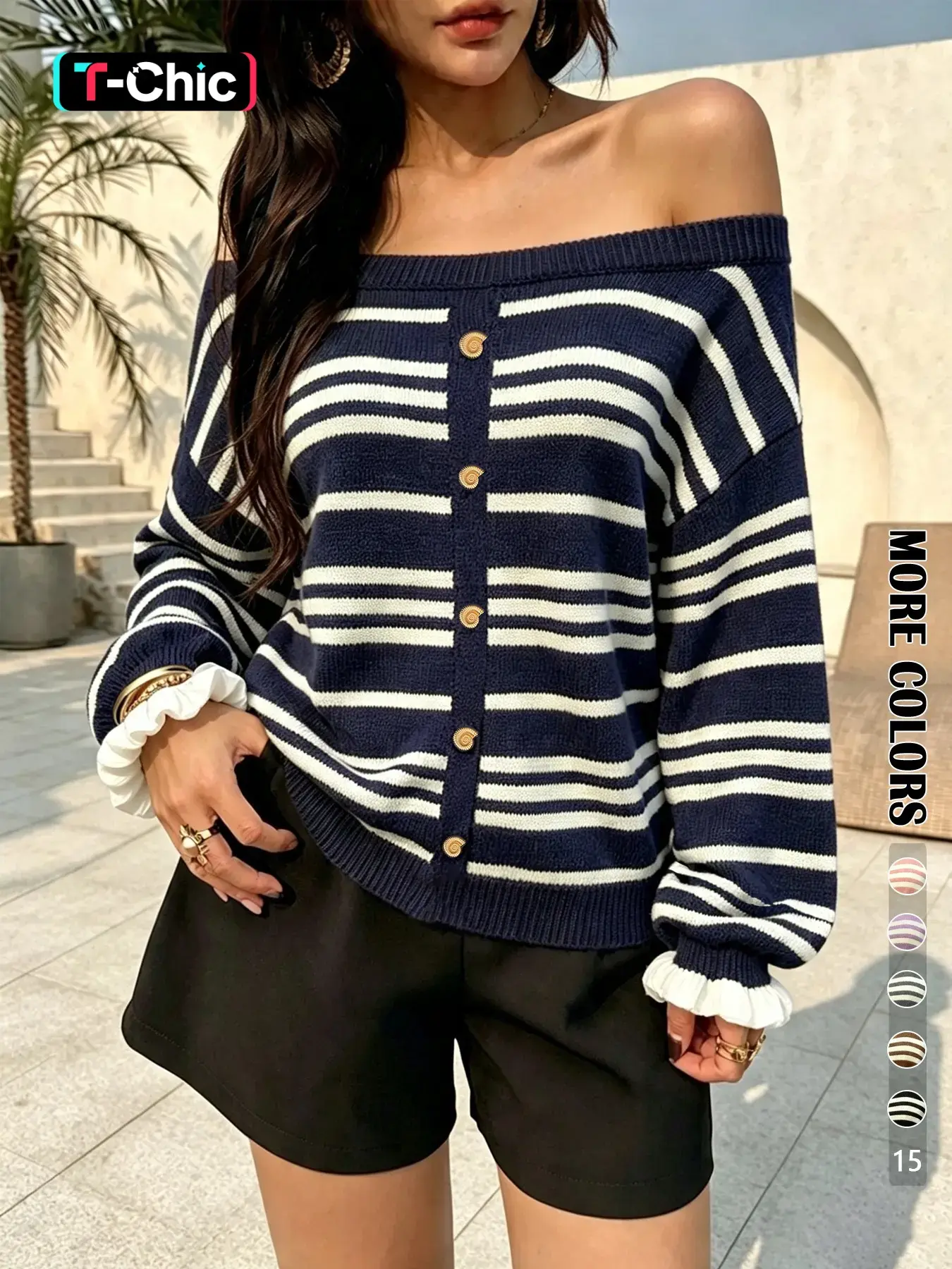 Elegant Metal Button Pullover Sweater, Striped Off-Shoulder Boat Neck, Loose Fit Long Sleeve Top, Fall Winter Fashion Casual Women's Clothing