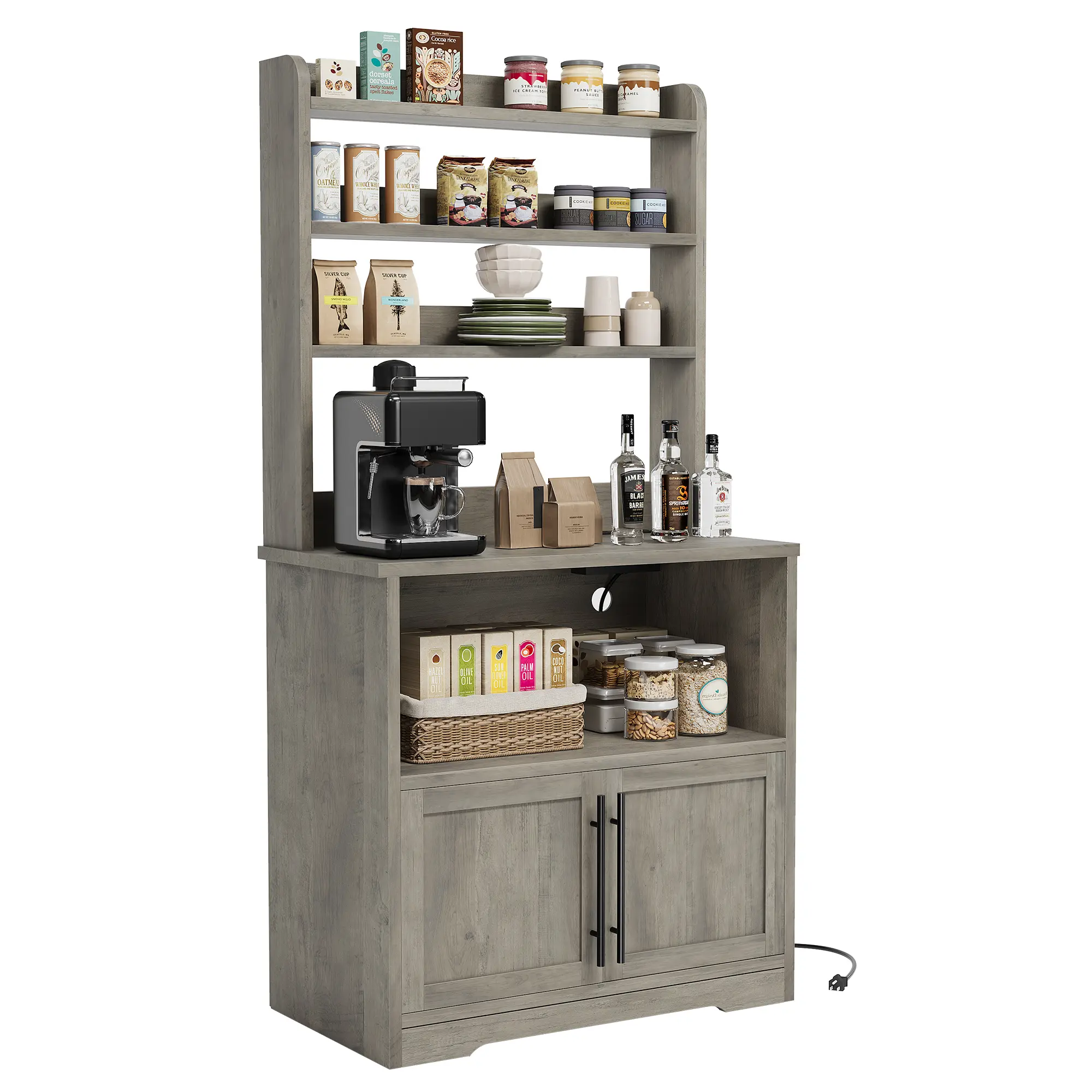 Multi-Functional Kitchen Island Bakers Rack – 63" Tall, Power Outlet & USB – Ample Storage Cabinet – Coffee Bar Station –Kitchen Hutch Pantry Cabinet & Microwave Stand