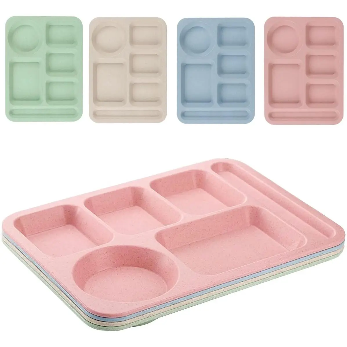 4Pcs Unbreakable Divided Plate,14inch Reusable Plastic Lunch Trays With 6 Compartments,Large Portion Control Plate Serving Meal Plate for Adults,Microwave & Dishwasher Safe For Daily Use,4Colors
