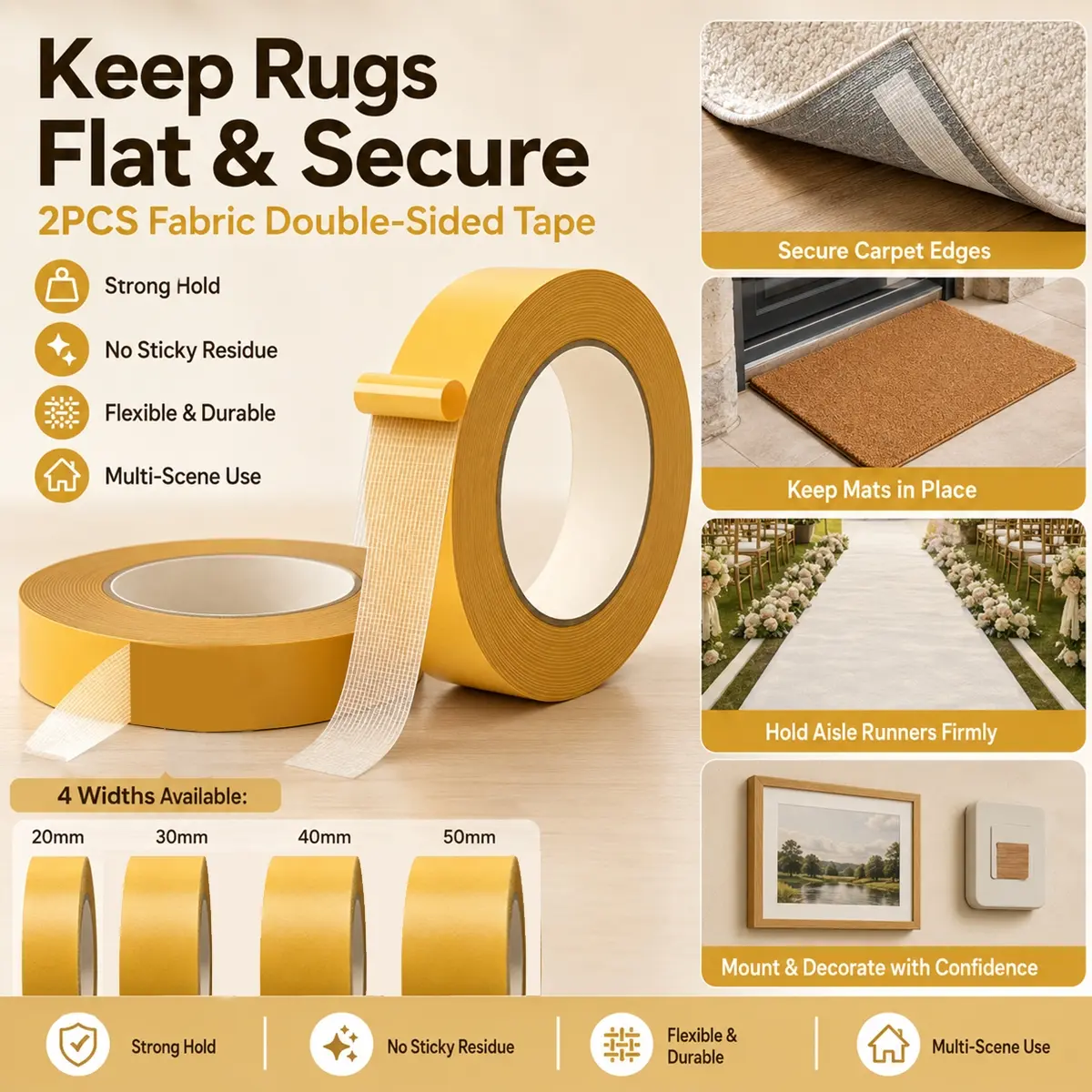 2 Pack Heavy Duty Double Sided Grid Cloth Tape, Carpet Tape, Cloth Mesh Fabric Grip Tape, Strong Anti-Slip Rug Gripper, Residue-Free Removable Tape for Carpet Seams, Floor Mats and Event Flooring, No Drill Wall Picture Hanging Tape, 2/3/4/5 cm Widths