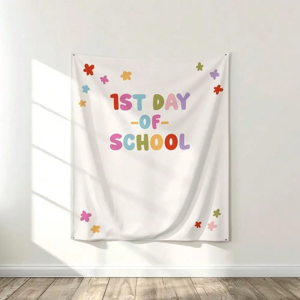 1st Day of School Multicolor Floral & Letter Print Backdrop Tapestry, Minimalist Lightweight Decorative Kids Photo Background, Classroom Nursery Wall Hanging