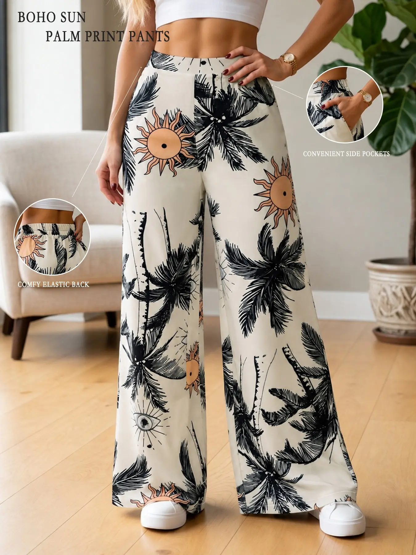 Boho Street Style Women's Printed Wide Leg Pants, Elastic Waistband, Side Pockets, Casual Halloween Print, Y2K Fashion Trend