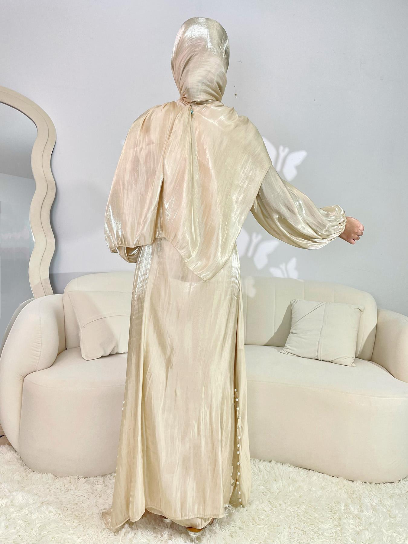 Women's Solid Abaya & Belted Tank Dress Set, Elegant Bishop Sleeve Long Sleeve Outerwear & Long Dress, Ladies Islamic Clothing for All Seasons, Modesty Abaya