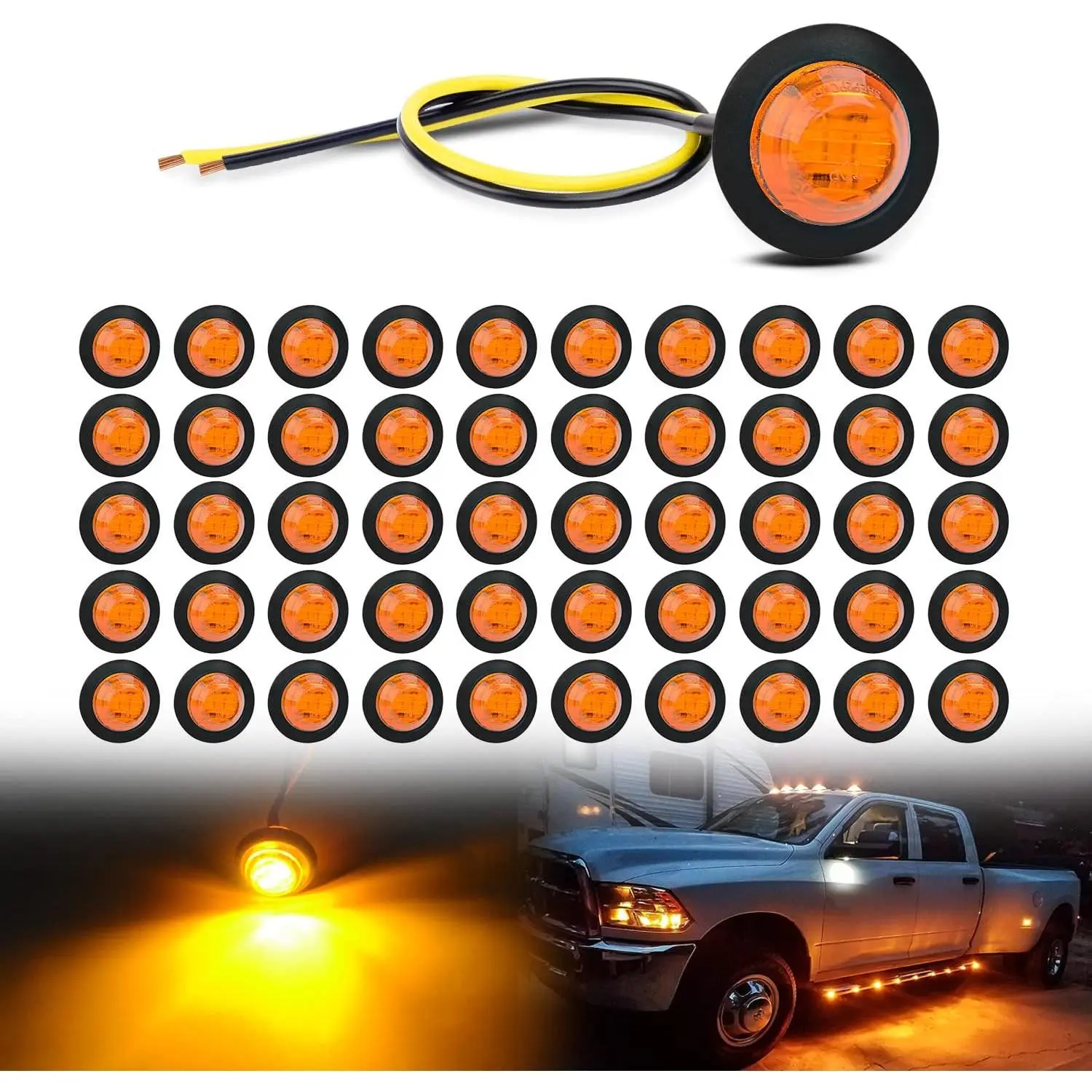 Nilight 50pcs 3/4” Round Amber LED Clearance Marker Kit, 12V Bullet Blinker Signal Lamp with 2-Wire Design, 9inch 2-Wire Leads, 100000 Hours Lifespan for Truck, Trailer, Boat, Caravan