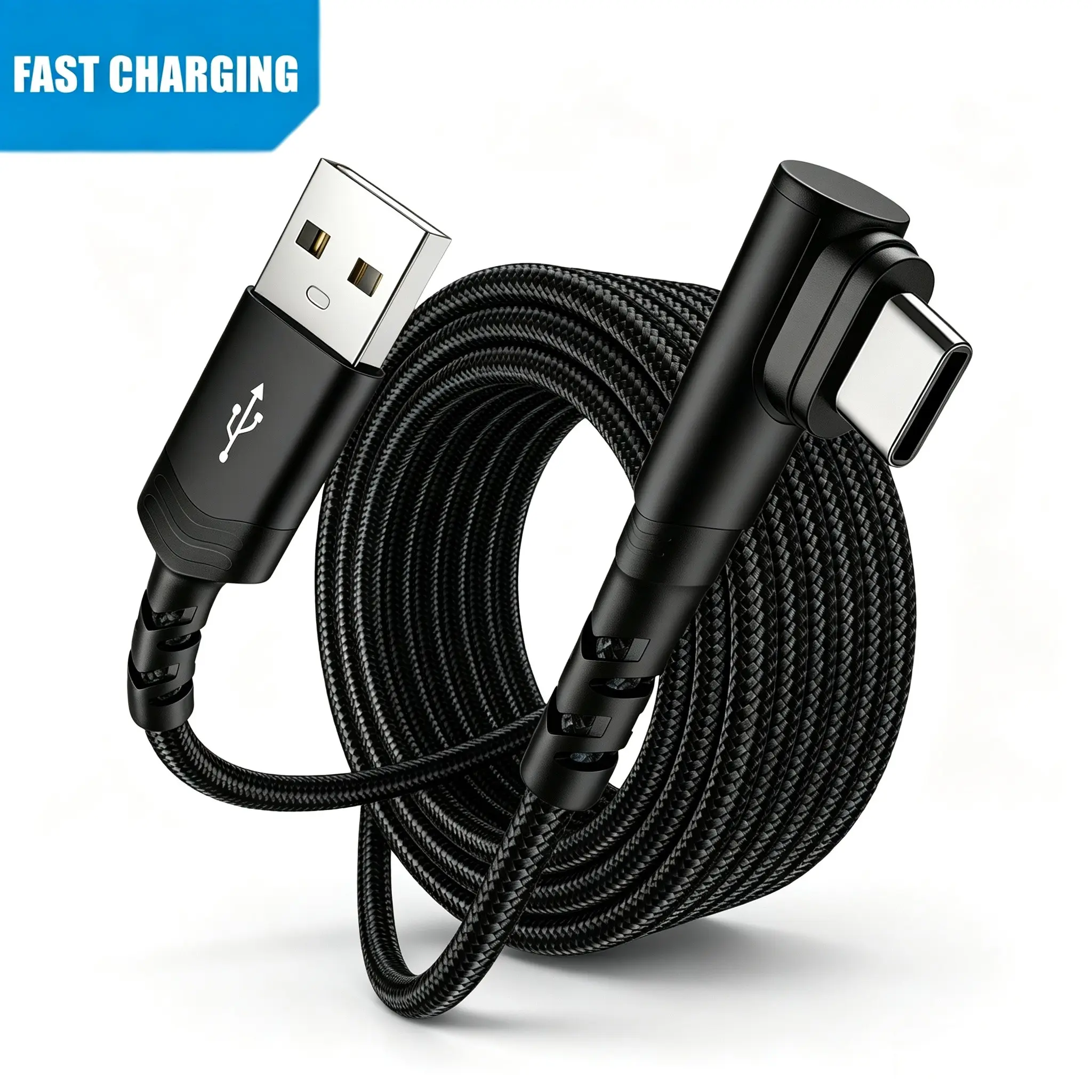 USB A to USB C FT Right Angle Fast Charging & Data Sync Nylon Braided Cable Carplay Android Auto Car Charger Cord for iPhone 17 16 15 for Samsung Galaxy iPad Pro Air Android Phones