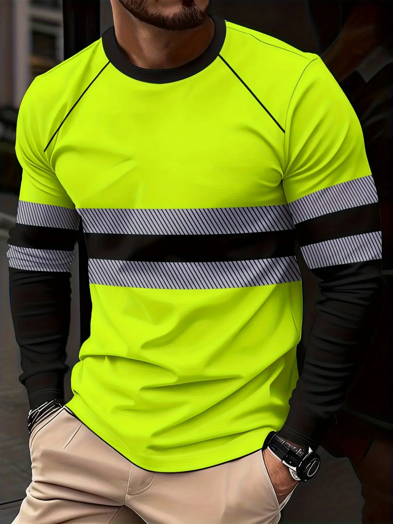 Men's Long Sleeve Fitted T-Shirt, Casual Style Tee, Menswear, Random Print, Spring & Fall Wear, Non-Reflective, Plain Surface