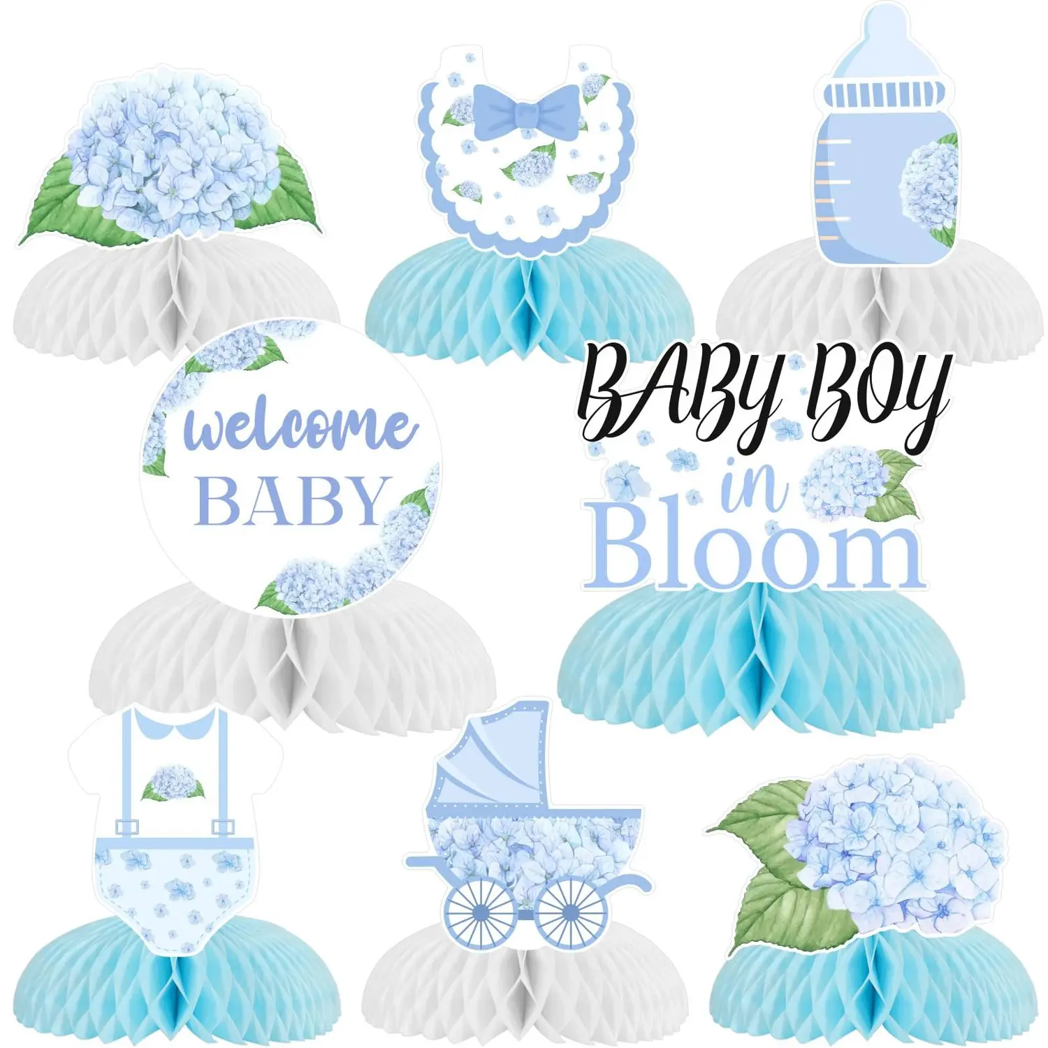 8Pcs Baby Boy In Bloom Hydrangea Honeycomb Centerpieces Baby Shower Decorations Welcome Baby Blue Table Toppers Decors Gender Reveal Party Supplies