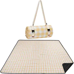 Picnic Blanket, 80''x80'' Waterproof Outdoor Blankets, Picnic Mat Washable for Beach, Picnic Blankets for Camping on Grass with Shoulder Strap - Yellow & White(Gift)