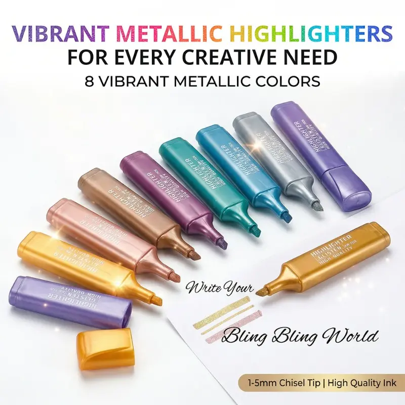 8 Colors Sparkling Metallic Highlighters Set - Quick-Dry No Smudge Glitter Markers with Chisel Tip, & Non-Toxic Ink for Note Taking, Journaling, Coloring, Planners, Art (Vivid Pearlescent Colors)