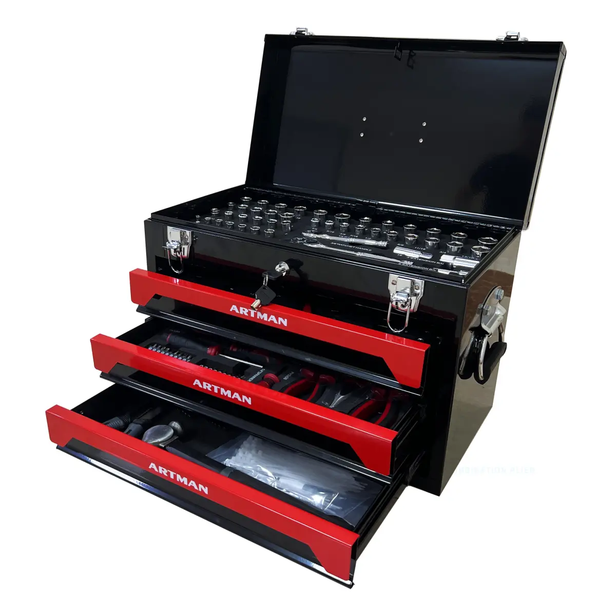 20-in Black+Red Powder Coated Portable Steel Toolbox with 3 Drawers for Tool Organization, 4-Layer Tools, Metal Latches, Top Storage Tray, Carrying Handle, Ideal for Garage DIY, Workbench Storage
