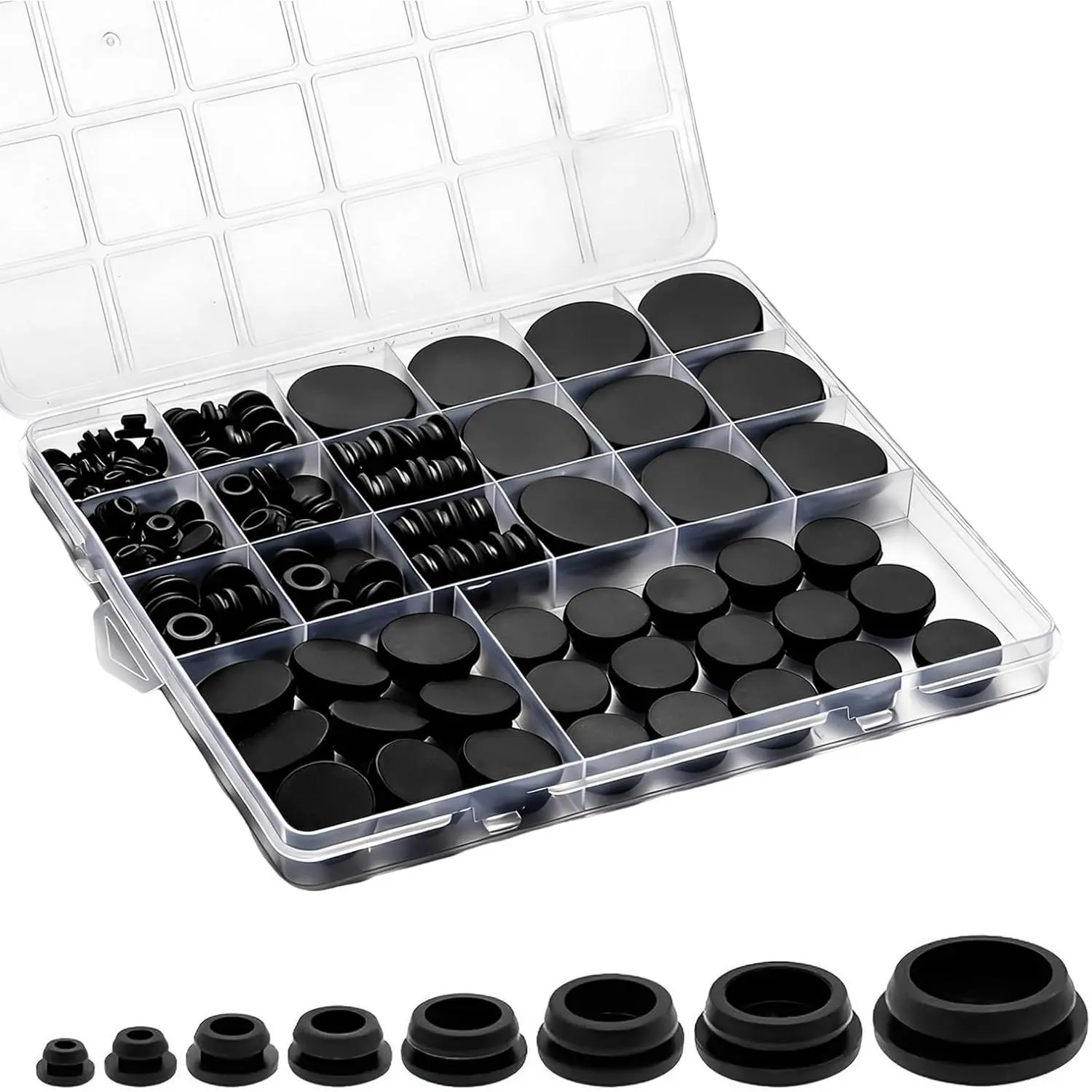 125 count Rubber Plugs for Round Holes, Durable and Long Service Life, 8 Sizes Hole Plugs 1" 3/4" 5/8" 1/2" 3/8" 5/16" 1/4" 1/5", Snap Locking  Rubber Hole Plugs Kit for  Wiring Furniture