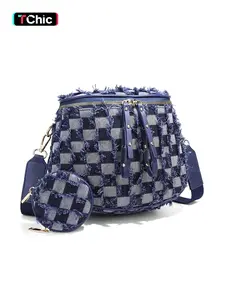 Women's Denim Checkered Crossbody Bag, Large Bum Bag Fanny Pack with Coin Purse, Adjustable Strap Lightweight Shoulder Purse for Travel, Daily Commute & Mom Gifts, Fashionable Shoulder Bag, Crossbody Shoulder Handbag, Crossbody Handbags