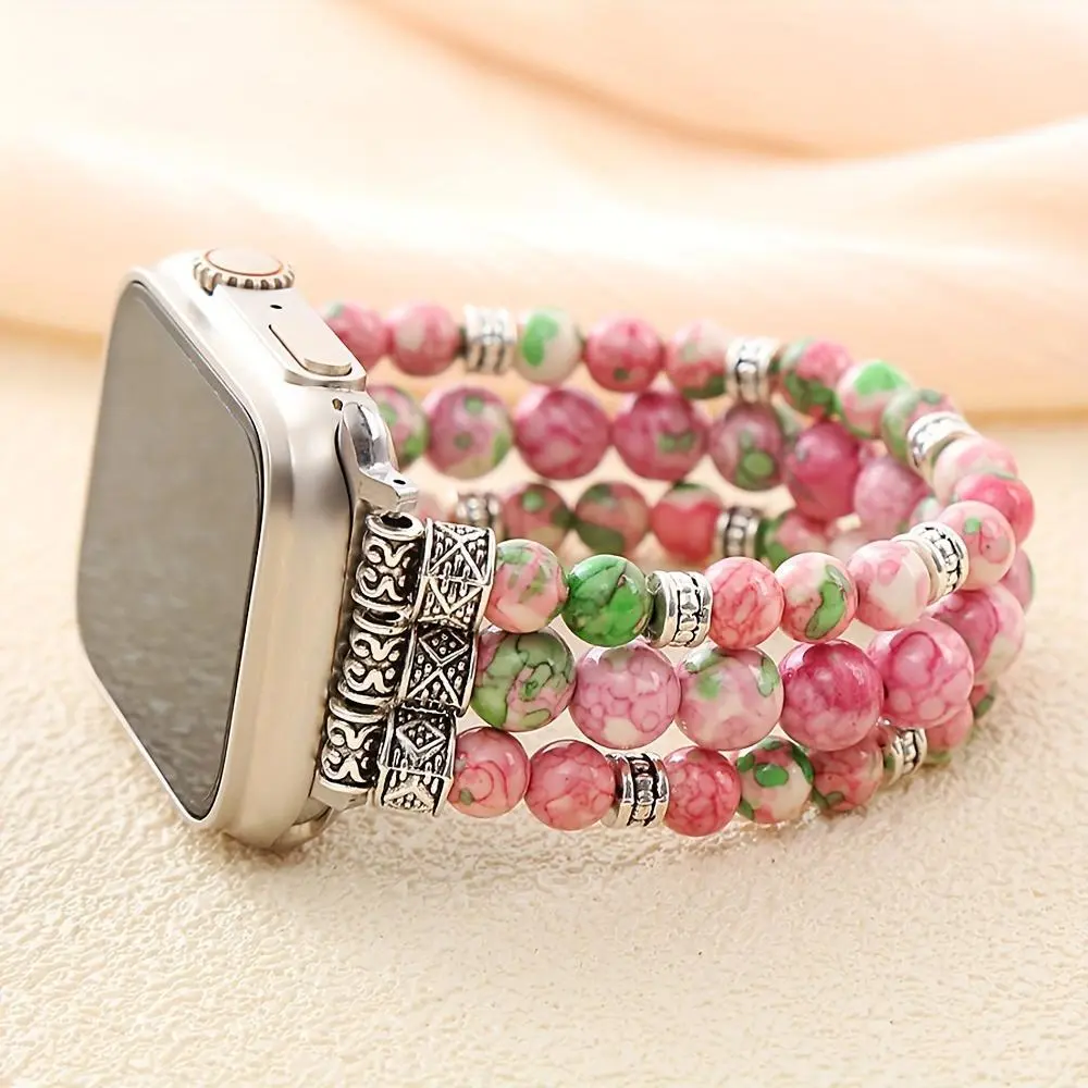 Pink Rainbow Jade Bead Bracelet in Bohemian Style, Compatible with Apple Watch Bands (40mm/38mm/41mm Series 9, 8, 7 SE, Series 6/5/4), Feminine and Cute Crystal Bead Elastic Band for iWatch, Suitable for Apple Watch Series 3/2/1