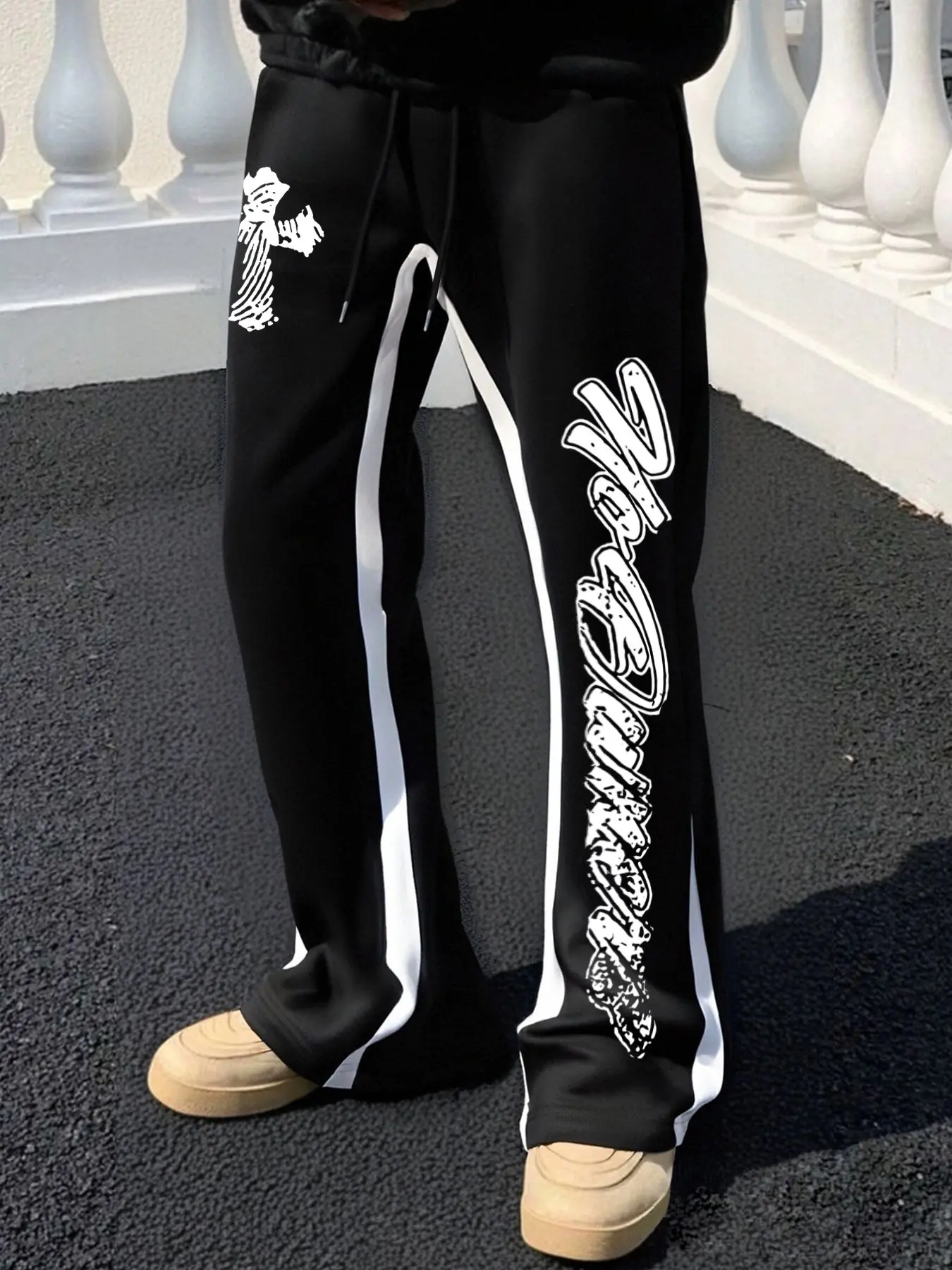 Men's Cross & Letter Pattern Micro Flare Sweatpants, Colorblock Side Fashionable Micro Flare Sweatpants, Drop Waist Drawstring Slim Fit Sports Long Pants, Adjustable Drawstring Sweatpants