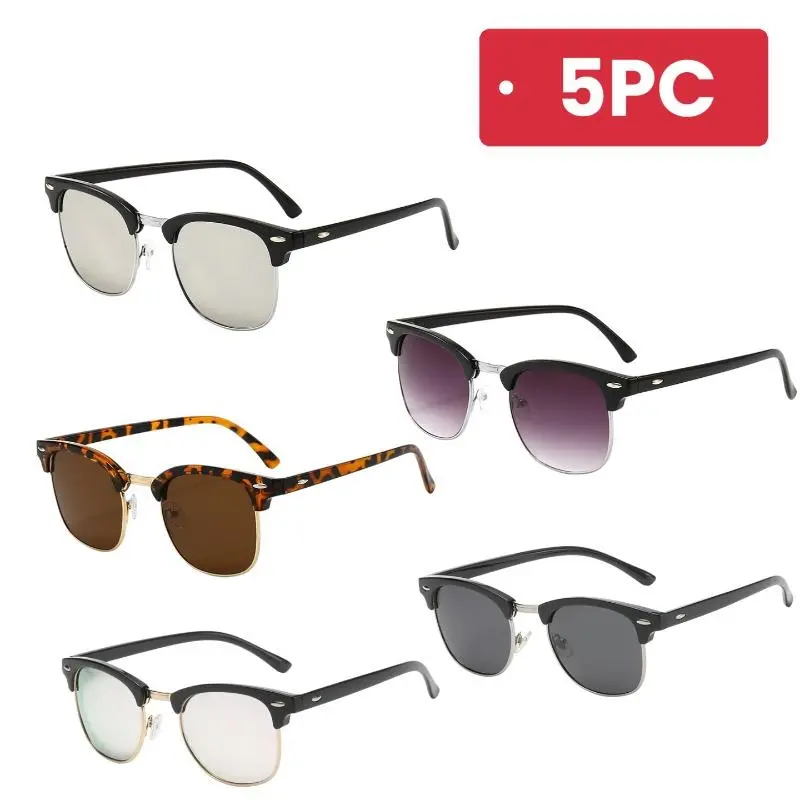 5-Pack Classic Retro Browline Sunglasses for Men, Lightweight Polyamide Half Frame with UV400 Glare Shield for Driving & Daily Wear, Retro Look, Uv400 Glass, Comfortable, Male, Uv-Protection Lens, Plain, Men's Sunglasses