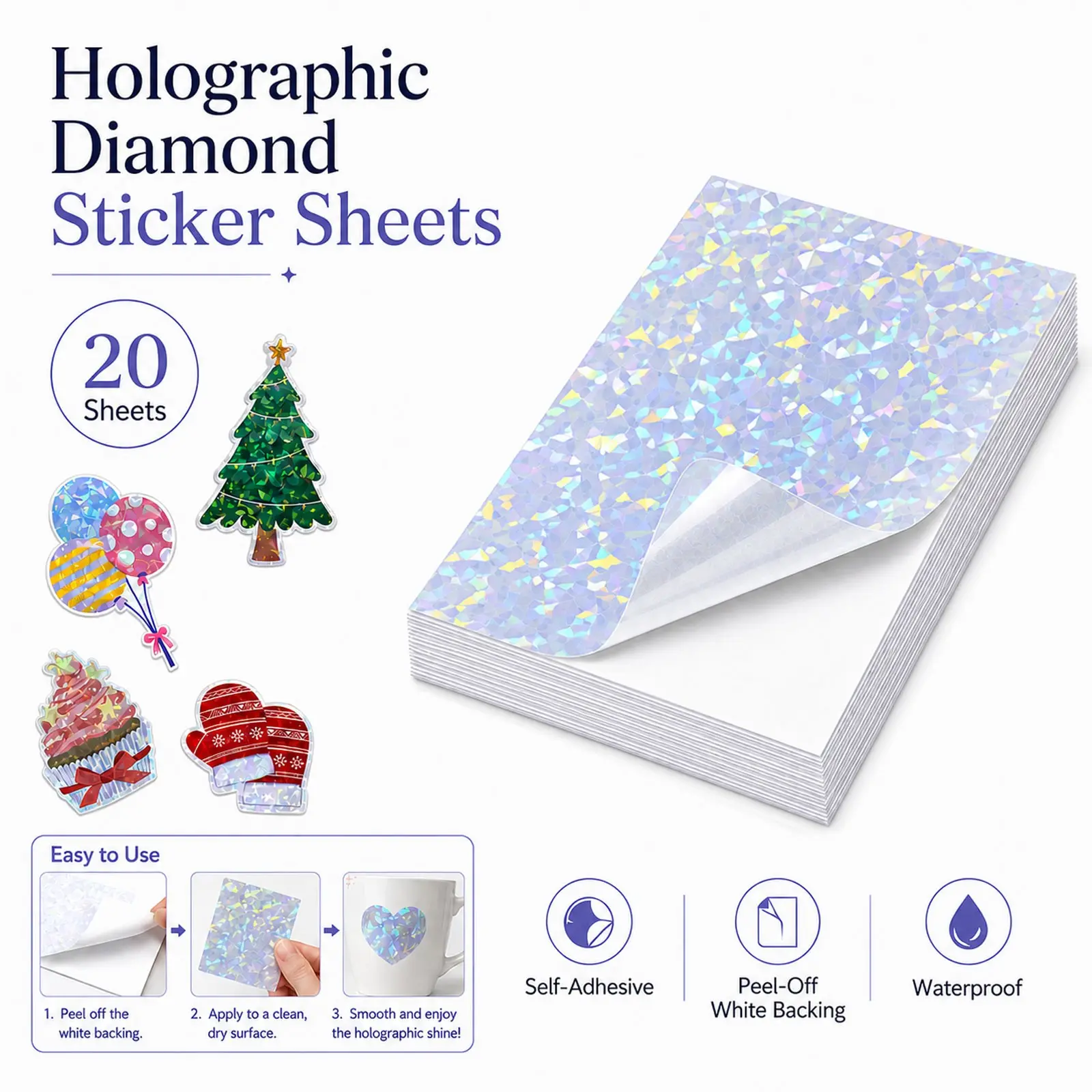 20 Sheets A4 Holographic Diamond Adhesive Laminating Sheets, Clear Diamond Sticker Sheets, Waterproof Protective Cover for Photos, Cards, Stickers, DIY Crafts