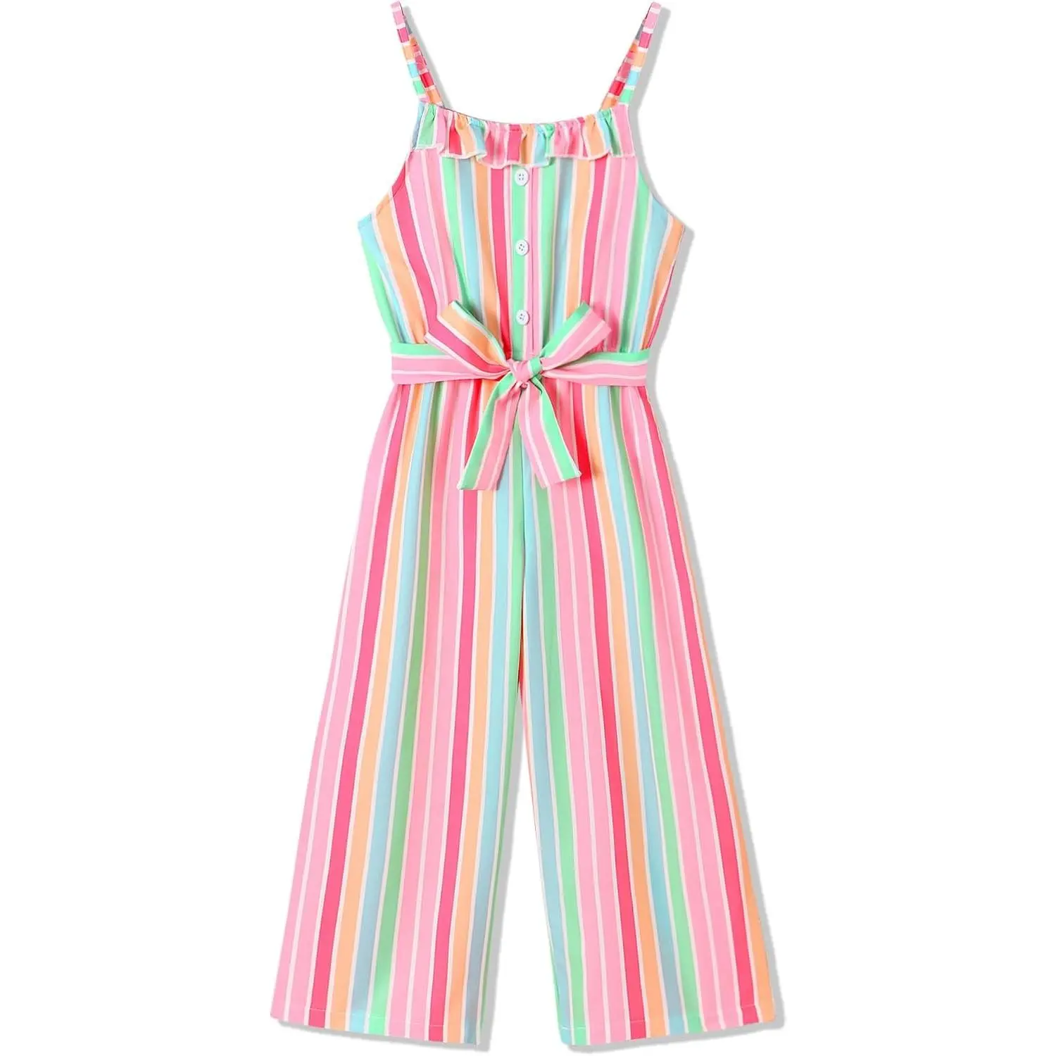 Girls Striped Sleeveless Casual Suspender Jumpsuit Romper with Belt Wide Leg Pants 4-13Y(Gift)