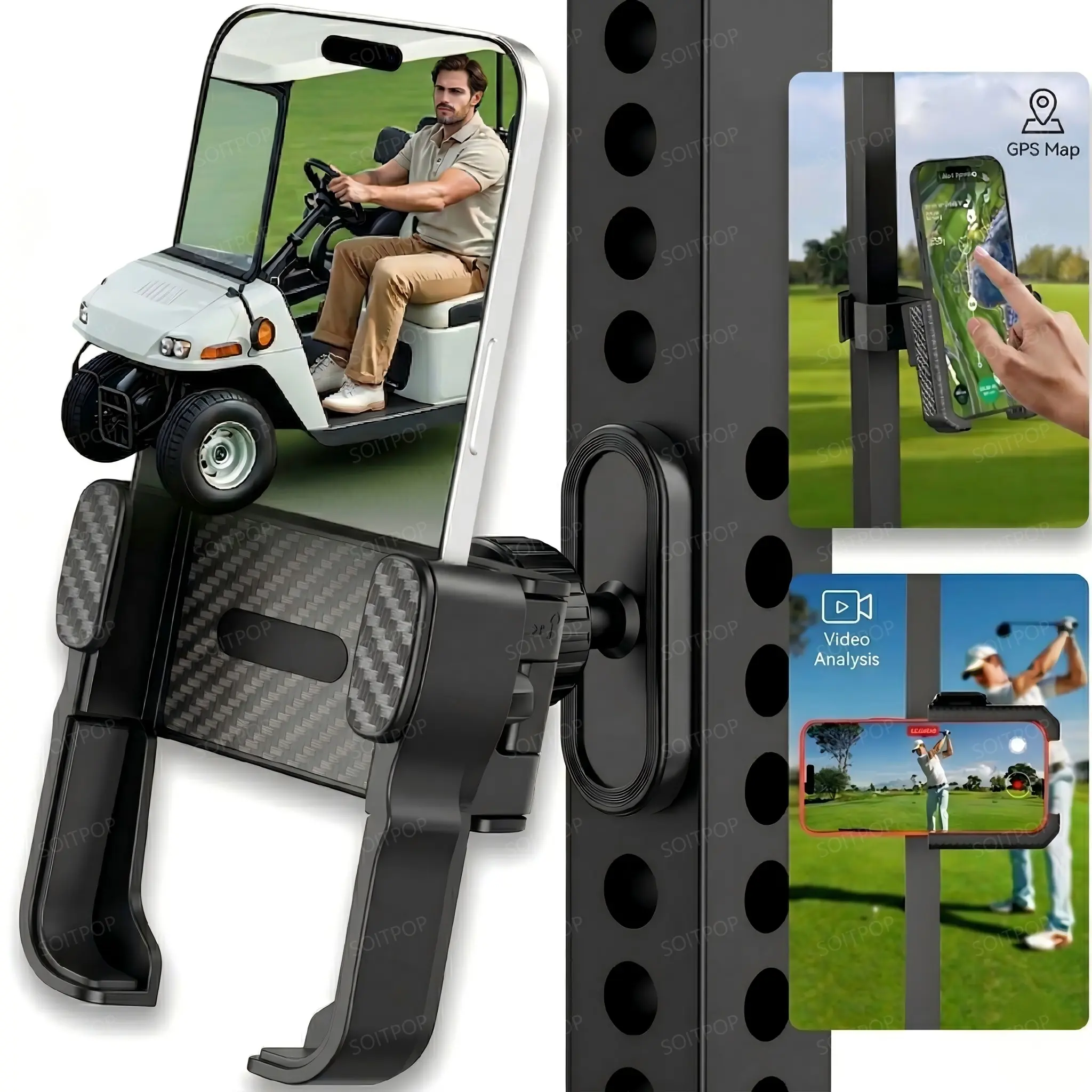 Golf Cart Phone Holder Mount - 3s Phone Clip Install, 1s Lock & Release，Phone Caddy for iPhone Galaxy & More Fits Yamaha Club Car EZGO Icon, Golf Cart Accessories Essentials Gift for Men Women