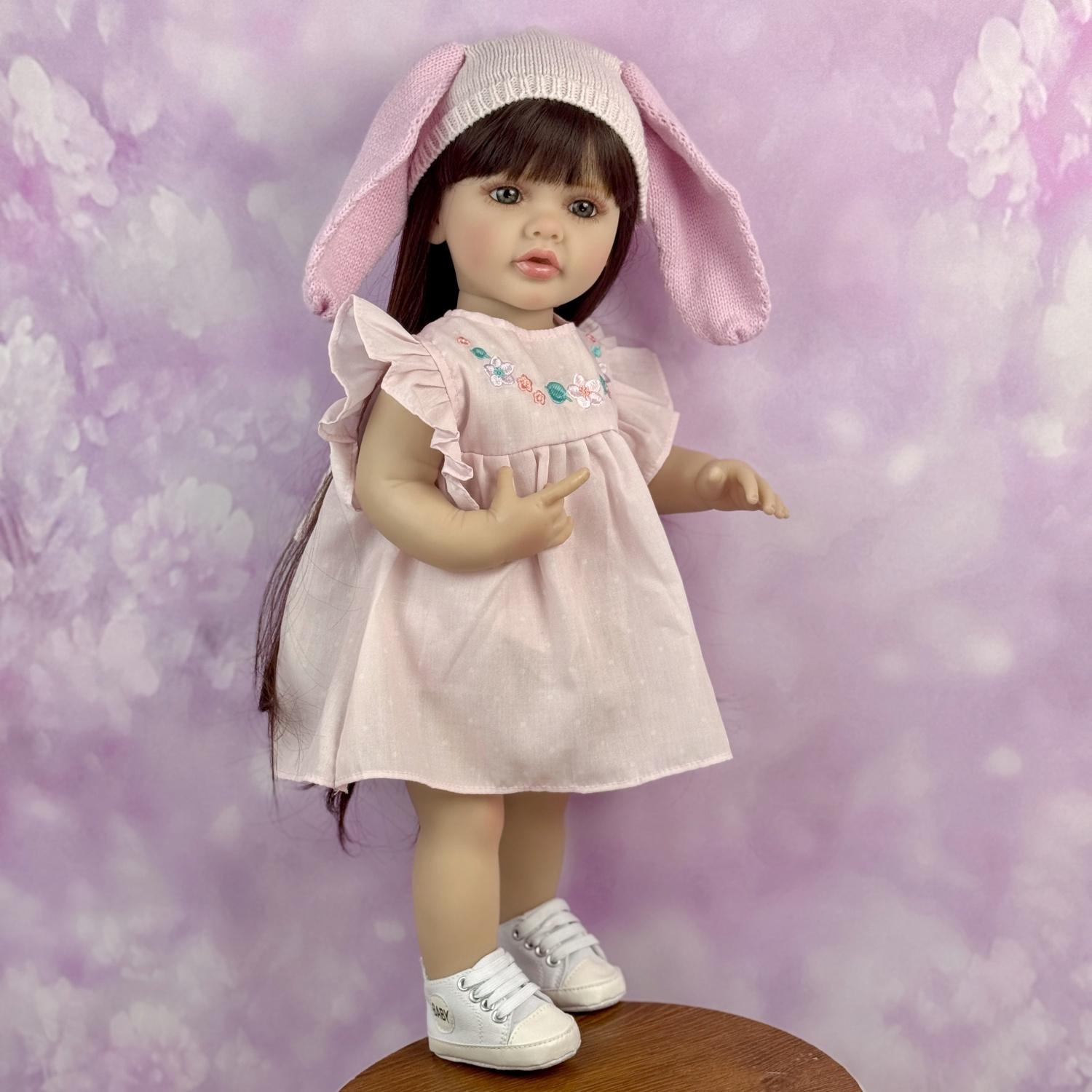 TopLink 55 CM Full Vinyl Body Reborn Baby Doll Toy For Girl Black Long Hair Princess Toddler Babies Doll Lifelike Birthday Gift Play House Bath Toy