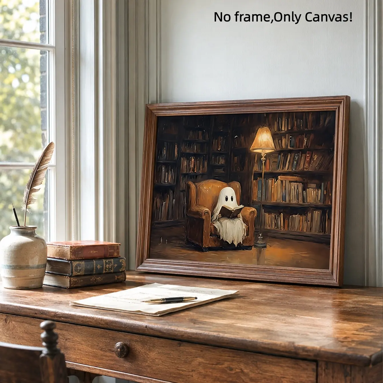 Vintage Library Style Poster, Cute Ghost Reading, Halloween Decor, Classroom Decor, Living Room Wall Art, Bedroom Decor, Home Decor Poster