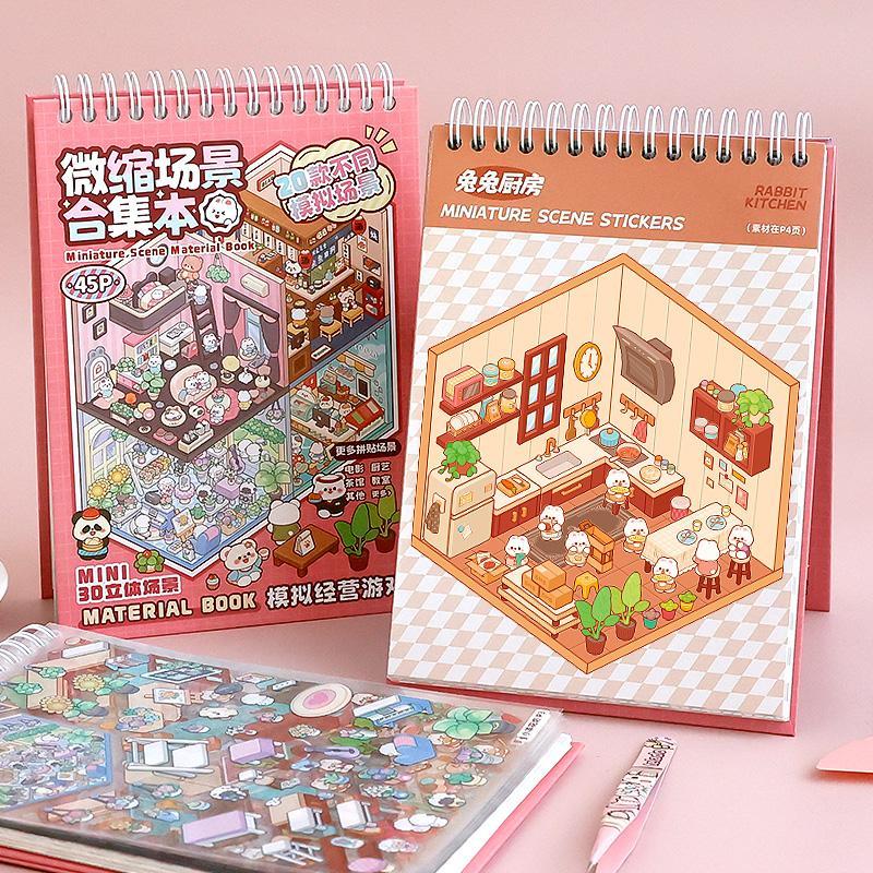 Miniature Scene Collection Book with 20 Scene Cards, 25 Stickers and 1 Tweezers, 3D DIY Decorative Sticker Book Gift Wrapping Set