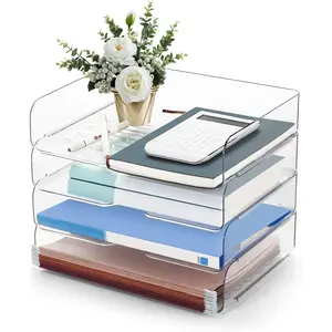 Desk Organizer and Storage,4-Tier Paper Letter Tray Organizers,Stackable Clear Desktop Organizer for Documents,Book Magazine Storage,Office Supplies, (Clear,4 Pack)