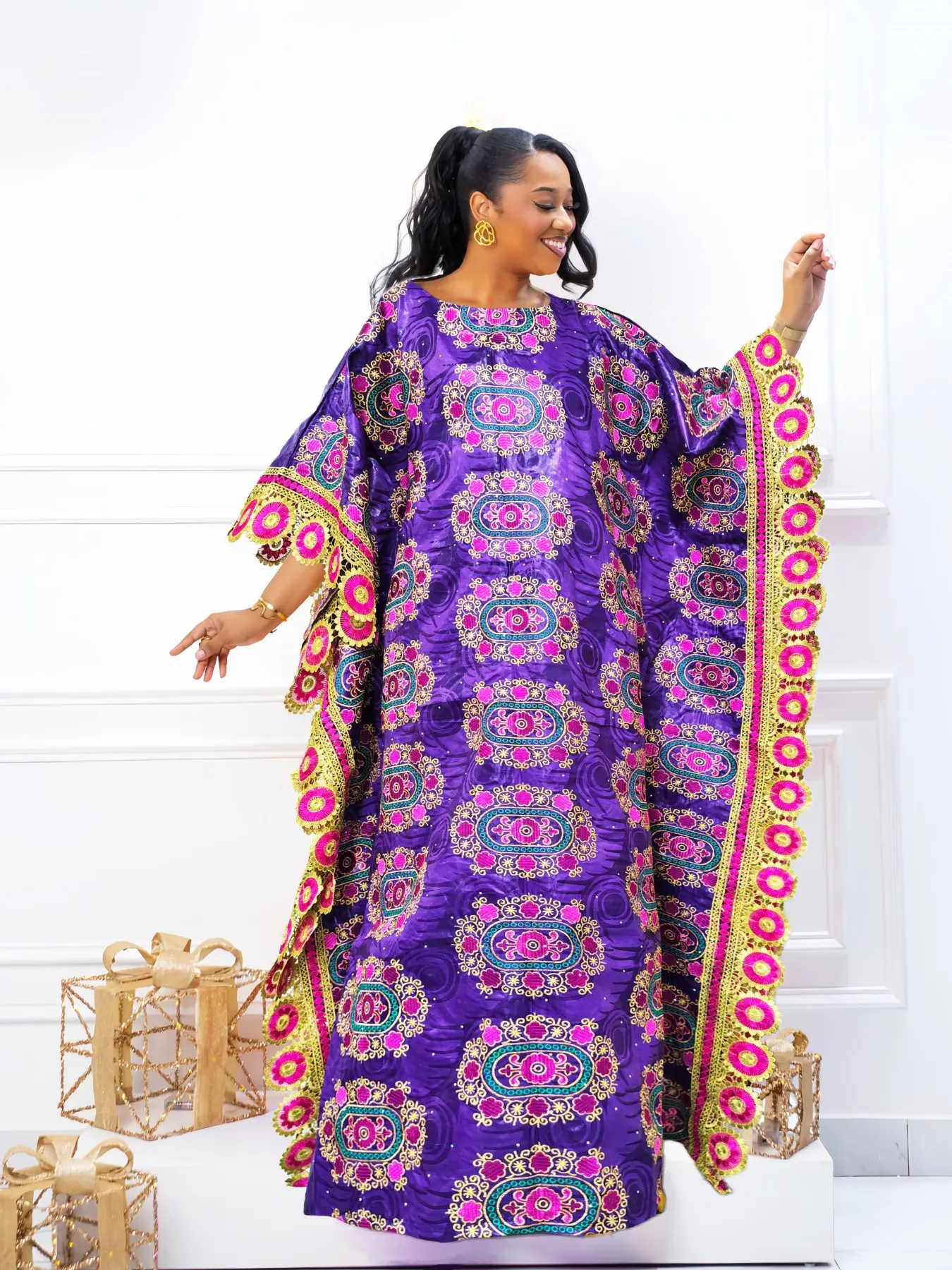 Nigerian Bajumari Dasikey Bobo Party Dress, Plus Size African Traditional Wedding Robe, Embroidered Fabric, Long Gown
