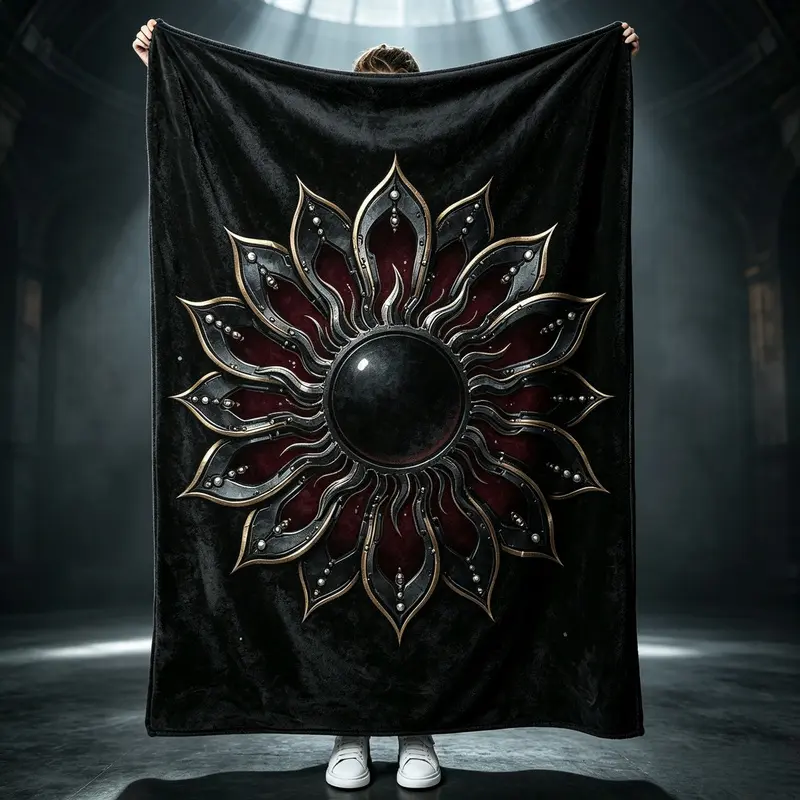 New black base with red, black, and gold mechanical lotus gemstone inlay printed flannel blanket, dark retro embossed texture, thickened and skin-friendly, suitable for nap use, unique and personalized, suitable for bedroom decor, sofa throw