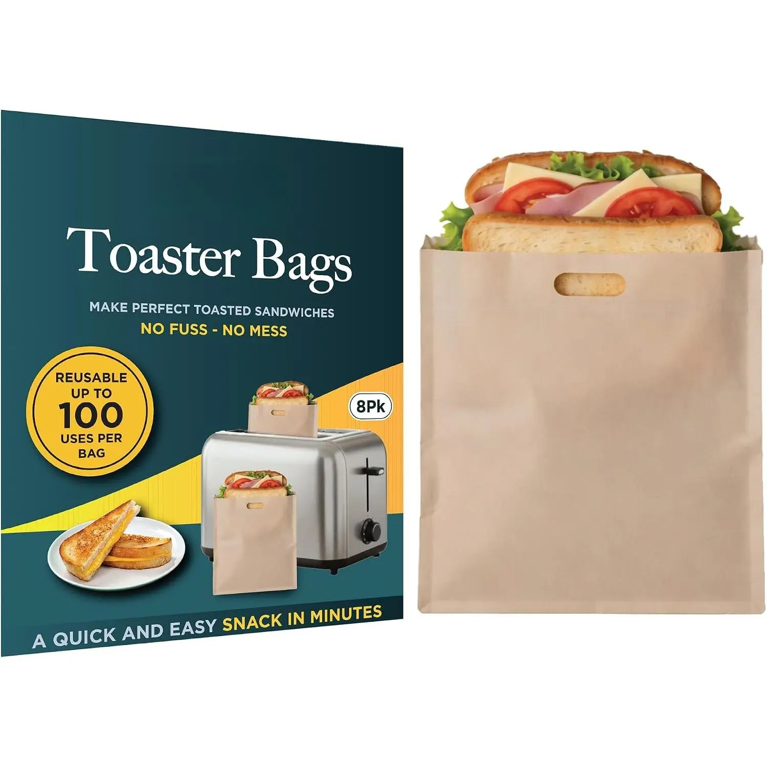 Toaster Bags for Sandwiches – Non-Stick Toaster Oven Bags for Grilled Cheese, Paninis, Wraps & Breakfast – Keeps Toasters Clean, Crumb-Free, Mess-Free Cooking - 8 Pack