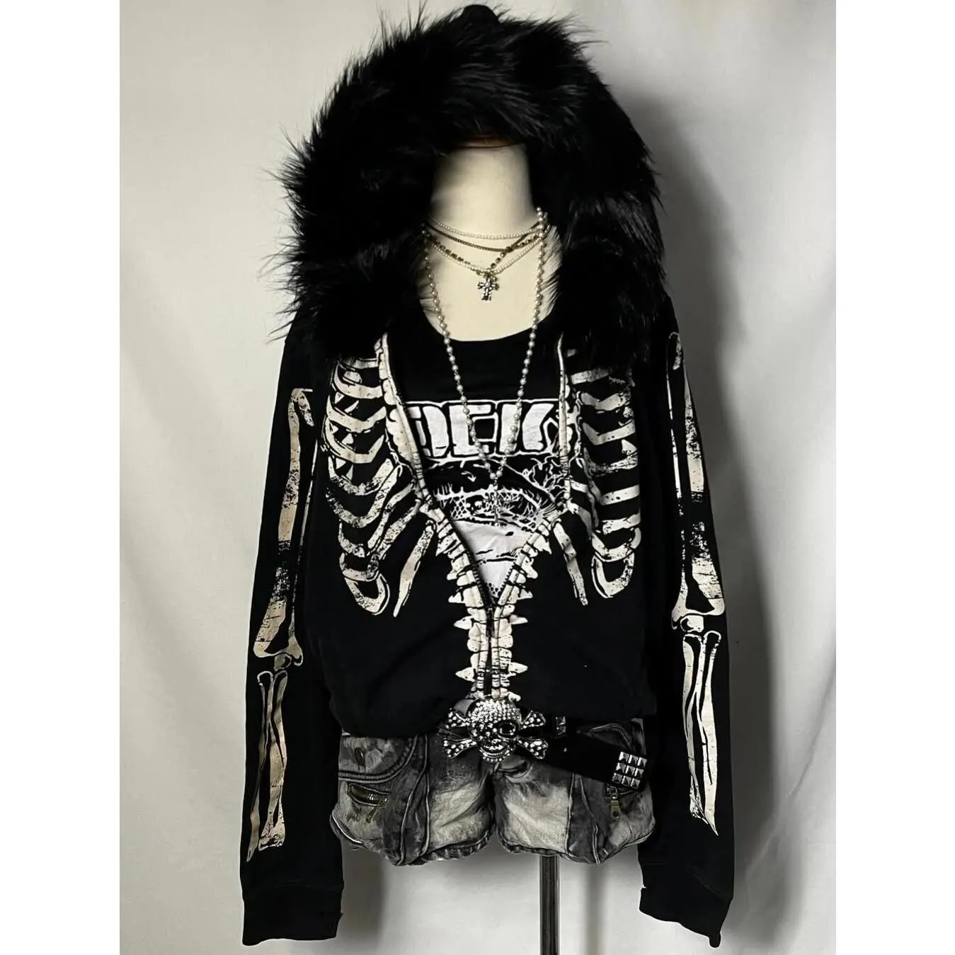 Fur Collar Hooded Jacket Fleece Punk Autumn Winter Hoodie American Retro Spicy Girl Subculture Skeleton Sweatshirt Sudadera