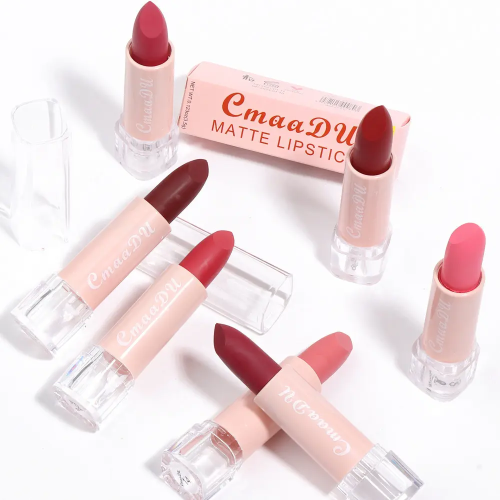 1pc CmaaDU Matte Lipstick, sweet pink tube with clear base, soft velvety matte texture, smooth spread and even color rendering, mild foggy lip effect, fit for office commute, casual trips and daily light makeup