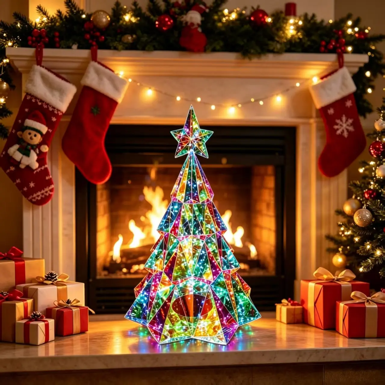 Transparent Colorful LED Christmas Tree Window Display, Glowing Desktop Decoration, Pet Material Holiday Ornament, Festive Atmosphere Decor