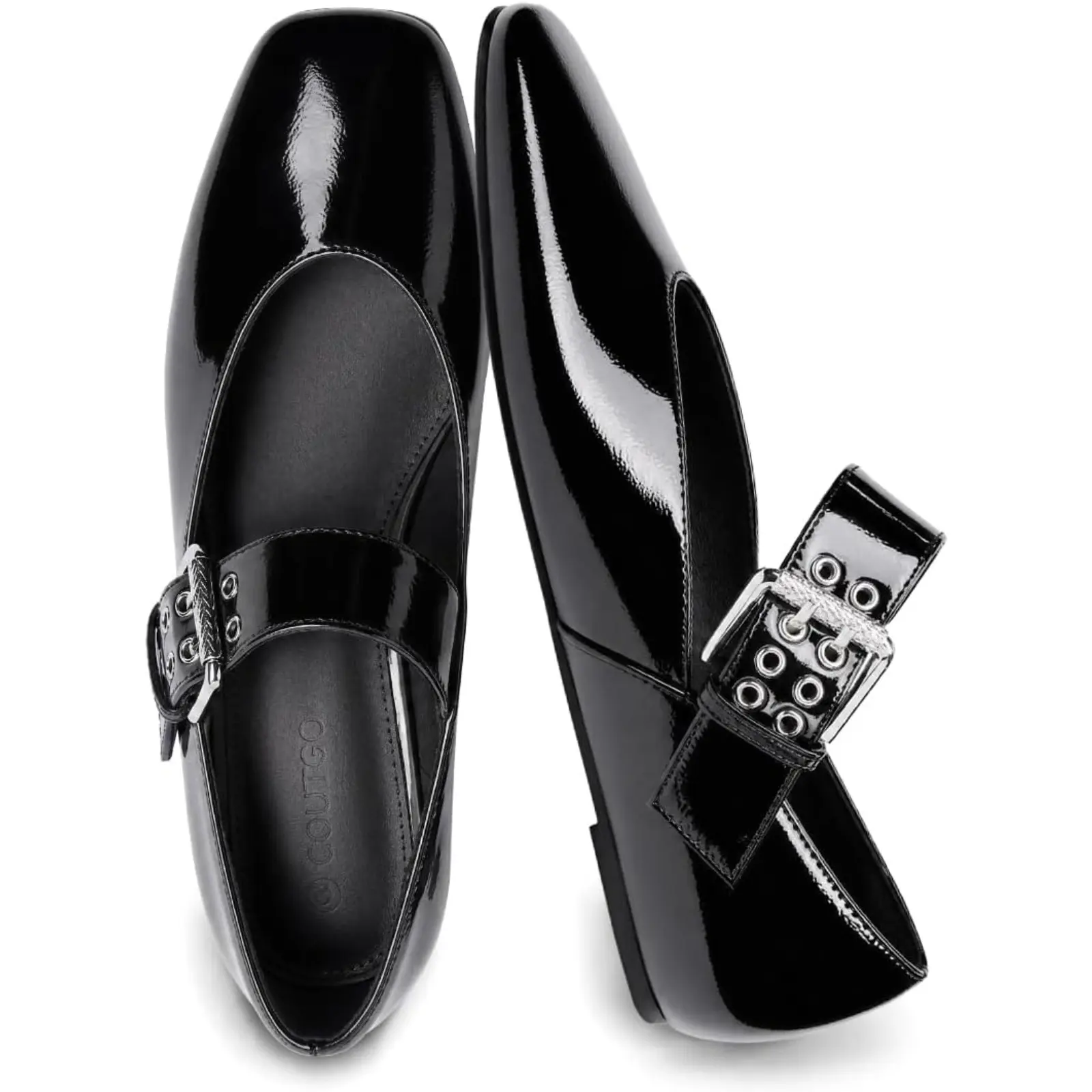 Coutgo Women's Square Toe Mary Jane Ballet Flats - Adjustable Wide Buckle Strap, Faux Leather, Lightweight, Comfortable, Slip-On, Casual Wear, Work Office Dress Shoes
