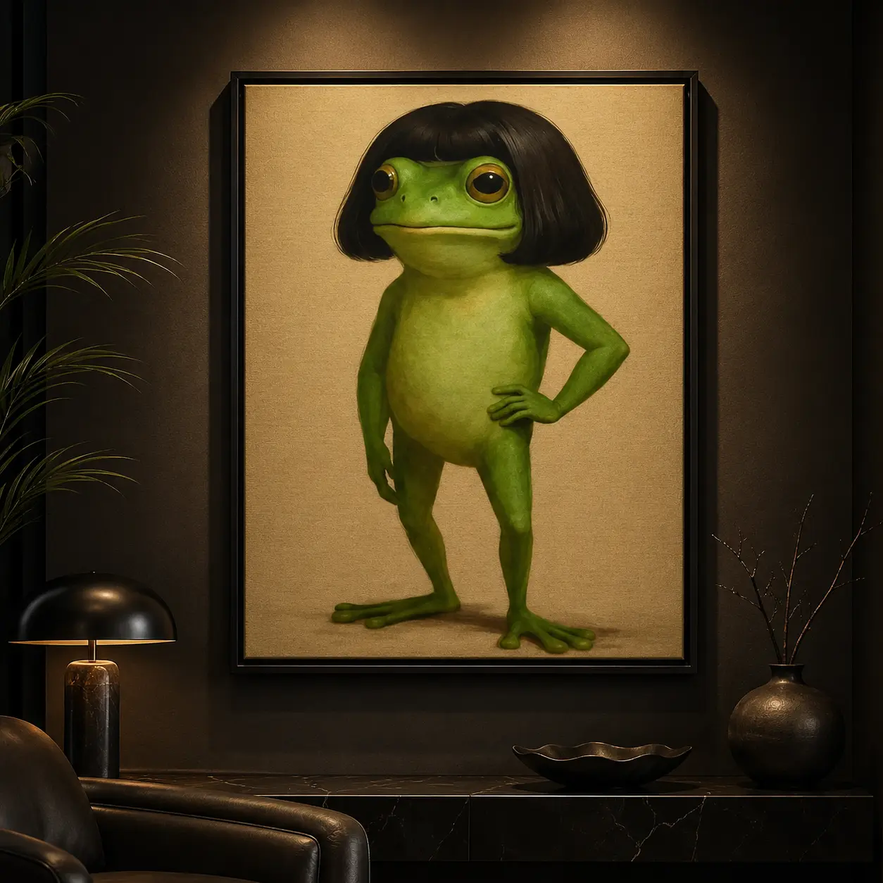 Whimsical Frog Portrait Canvas Poster Funny Animal Abstract Mimalist Green Funny Frog Poster Art Print Bob Haircut Kids Playroom Decor Frog Lover Gift Unique Wall Art quirky wall decor opossum humor artwork funny poster art decor posters, Nursery Decor