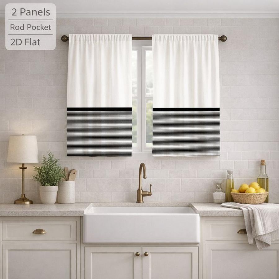 2Pcs Modern Minimalist Horizontal Stripes Black And White Sun Blocking Curtains Digital Printed Rod Pocket, Window Treatment For Bedroom Office Kitchen Living Room Study Home Decor
