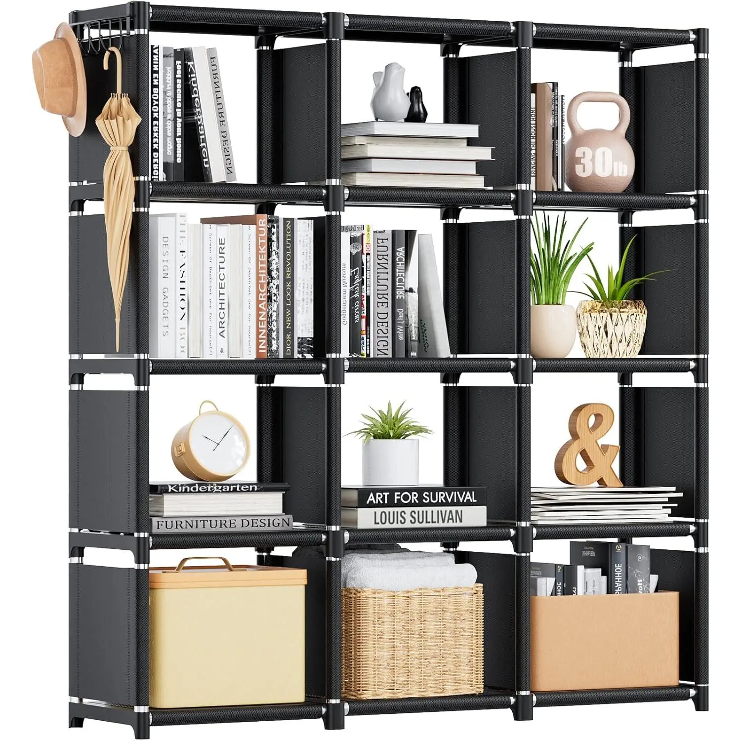 Book Shelf, 12 Cube Storage Organizer, DIY Bookcase, Metal Bookshelf,Tall Book case for Bedroom, Living Room,Office,Closet, Black Cubicle Rack