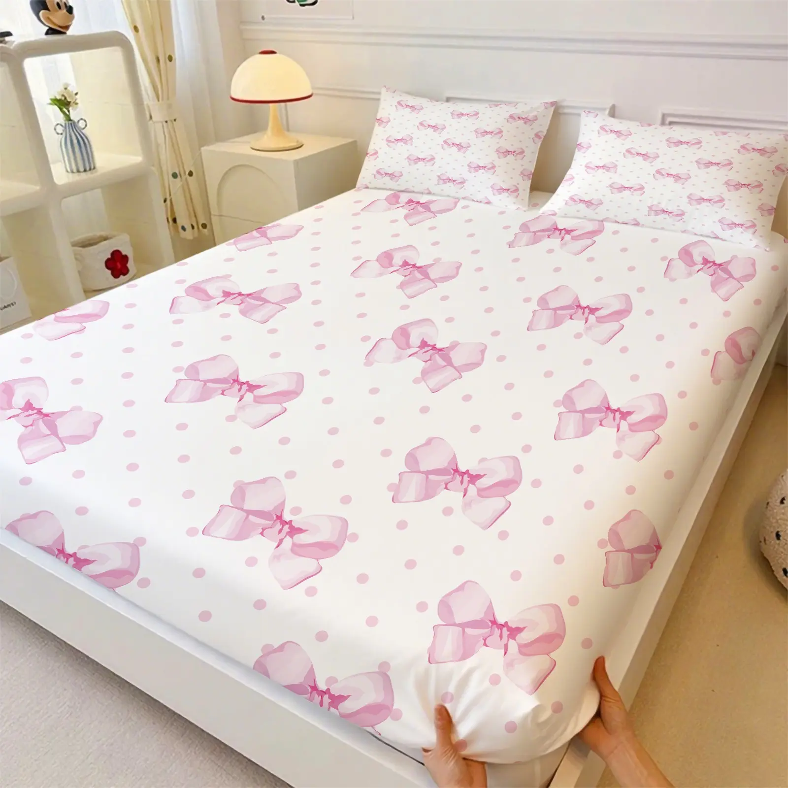Pink Bow Printed Fitted Sheet Set, Include 1 Bedspread and 2 Pillowcases, Cute Watercolor Bow Pattern Girly Mattress Cover, , Soft Breathable Deep Pocket Wrinkle Resistant Bedcap, Comfortable Skin-friendly, All Seasons Use
