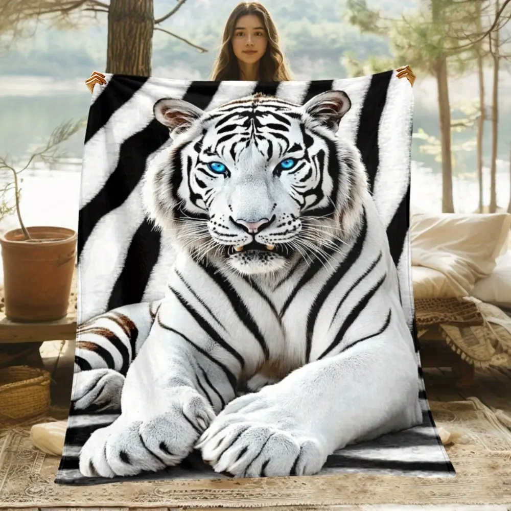 1pc White Tiger Black Stripes Flannel Blanket - Soft Warm All-Season Luxury Throw, Machine Washable - Suitable for Bed, Sofa, Home Use - Lightweight Bedding Throw