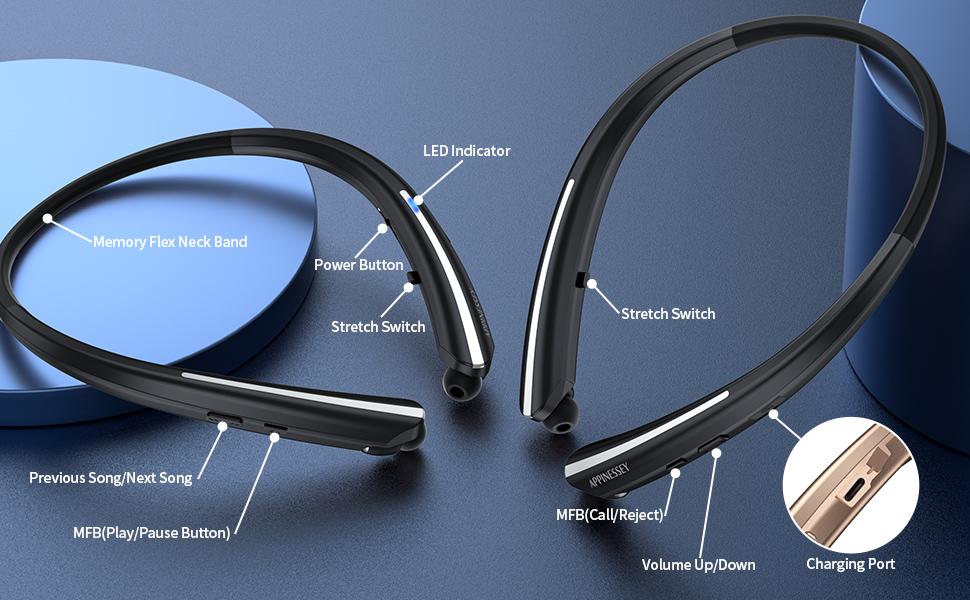 Bluetooth Headphones Retractable Neckband, Bluetooth Headset with Microphone Vibration Call, Stereo Noise Cancelling Earphones for Workout Sports Driving (Black)