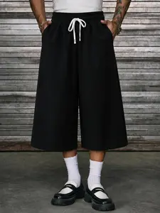 Men's Street Style Cropped Pants, Drawstring Waist, Graphic Pattern, Loose Fit, Casual Outdoor Sportswear, Wide Leg Design