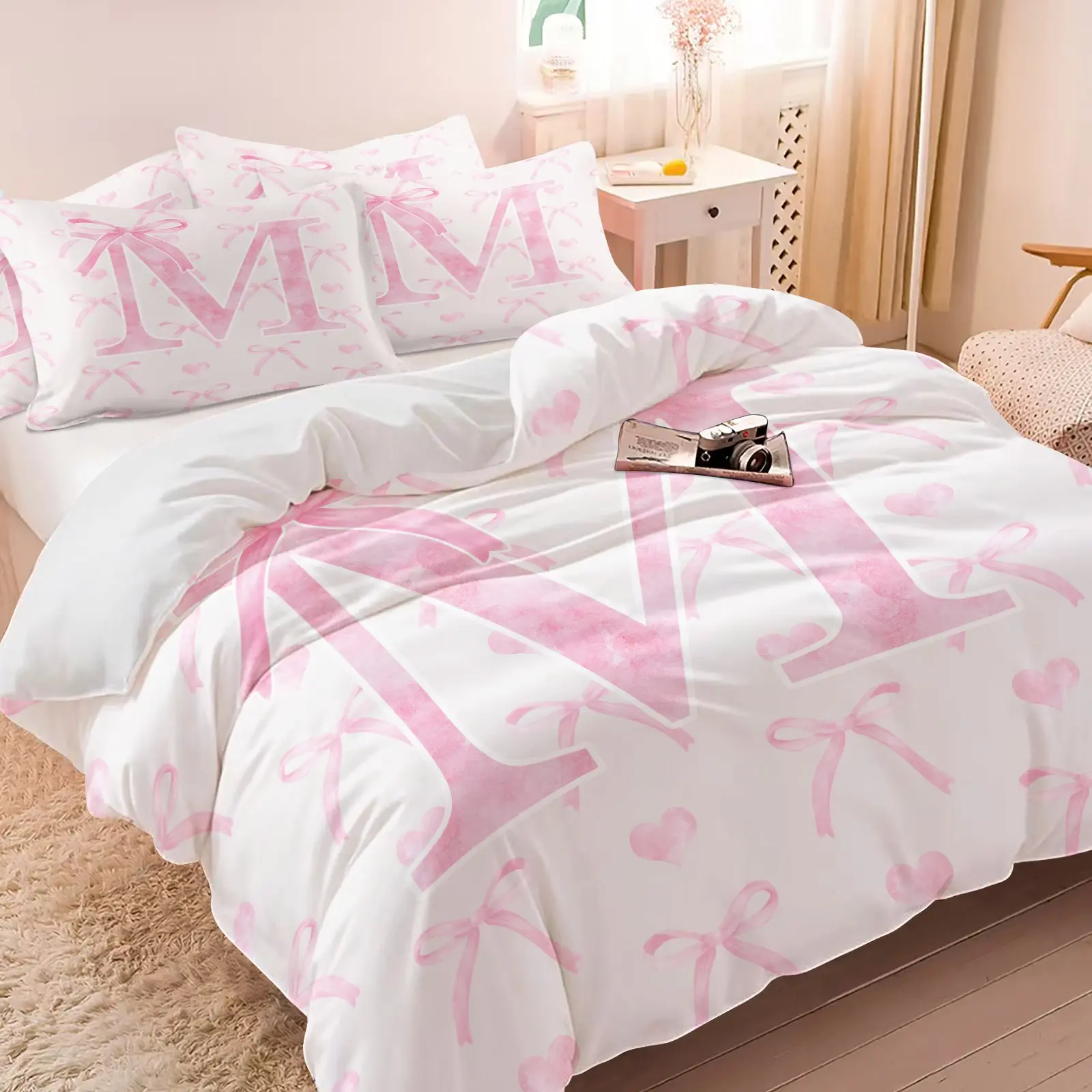 Custom Initial Letter M Pastel Pink Bow Heart White Background Decorative Bedding Set, 1 Duvet Cover + 1-2 Coreless Pillowcases, Breathable Cozy Durable Fabric, Soft Watercolor Sweet Design, Ideal Personalized Birthday Decor Gift