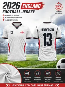 2026 England Jersey for Men, Sporty Fitted Short Sleeve, Quick-Dry Breathable Football Shirt, Ideal for Matches and Streetwear