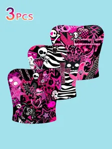 3-Pack Sweet Cool Girl Style Casual Fashion Sleeveless Skull Print Tube Top, Zebra Star Short Slim Fit Vest, Y2K Millennium Subculture Inner Outer Wear